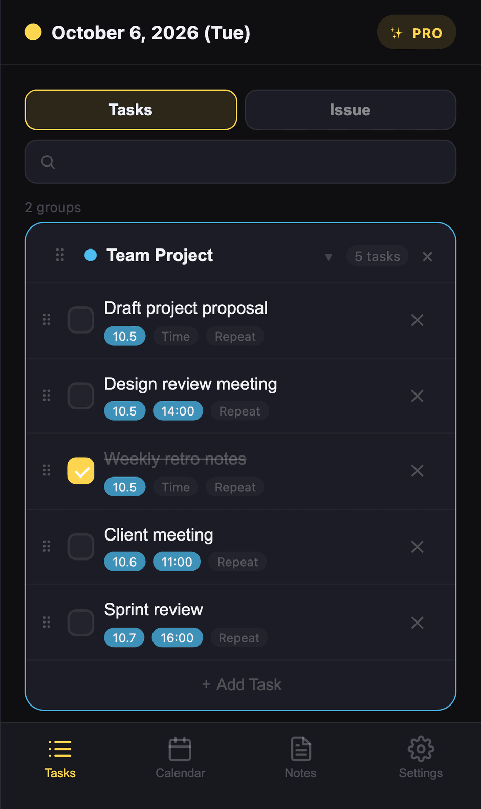 Timetable tasks screen